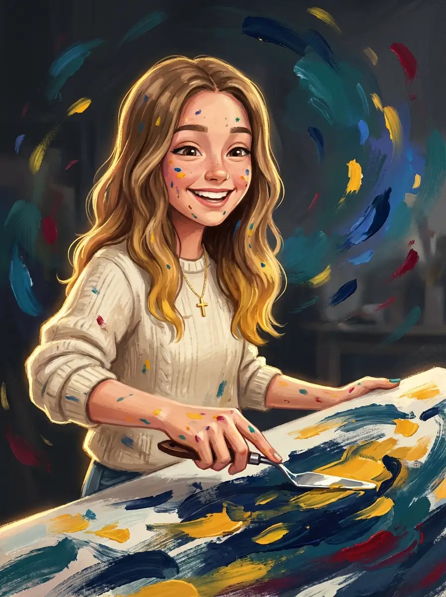 Illustrated portrait of Hailey grinning over a fresh canvas, paint flecks everywhere