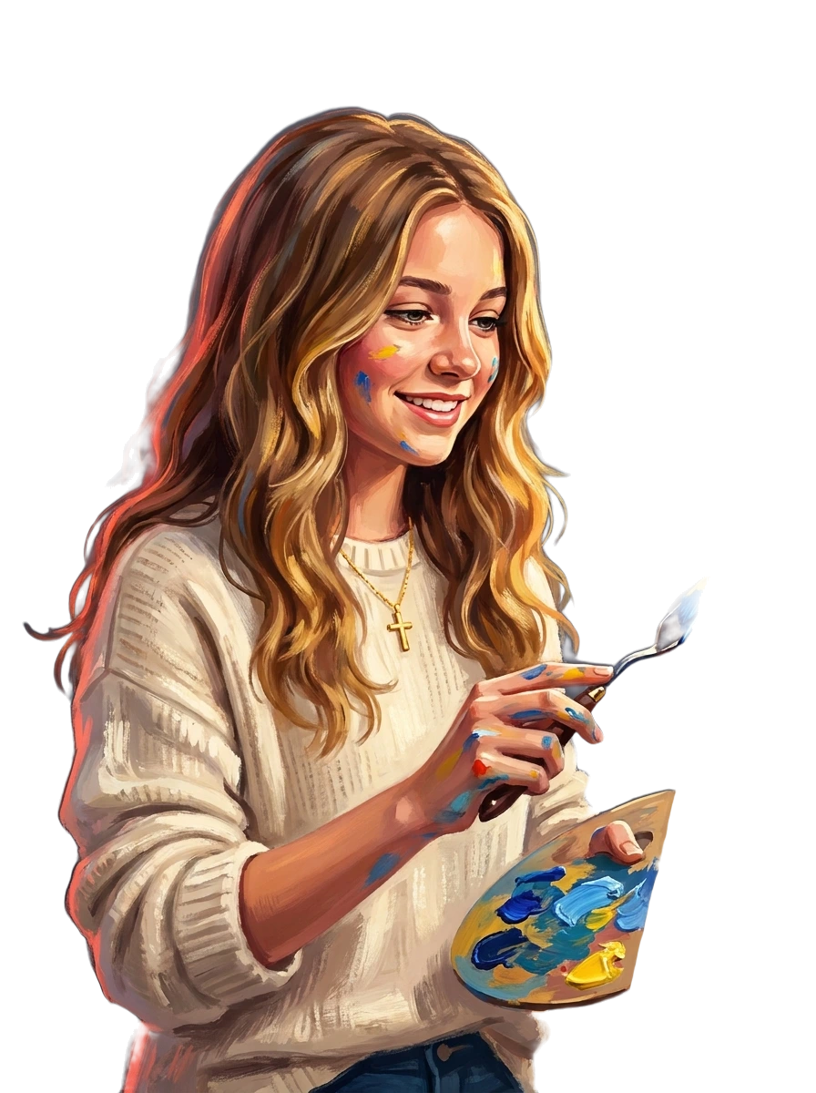 Painted illustration of Hailey at her easel, palette knife in hand